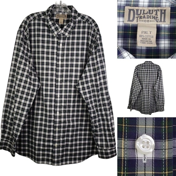 Duluth Trading Co Mens 2XLT Plaid Cotton Shirt Tall Button Long Sleeve Blue - Picture 1 of 8
